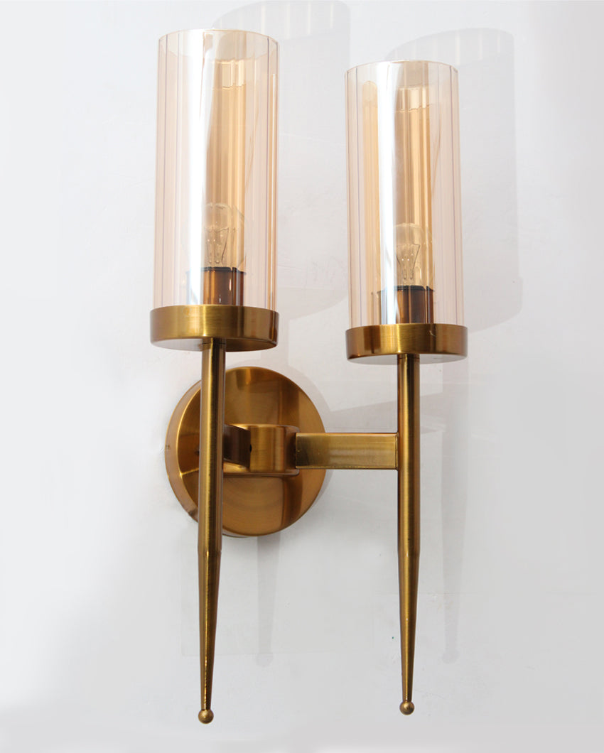 Sleek & Dual Toned Cylindrical and Arm Amber Glow Glass Shades Gold Finish Wall Light | 9 x 17 inches