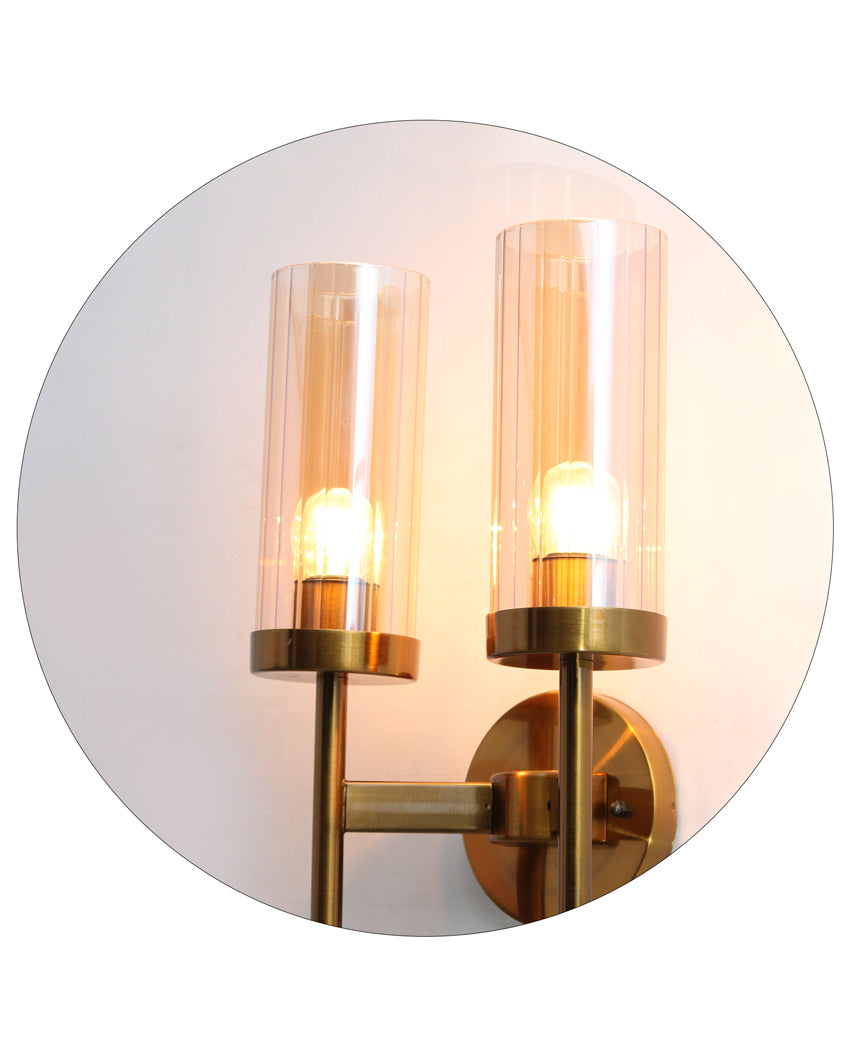 Sleek & Dual Toned Cylindrical and Arm Amber Glow Glass Shades Gold Finish Wall Light | 9 x 17 inches