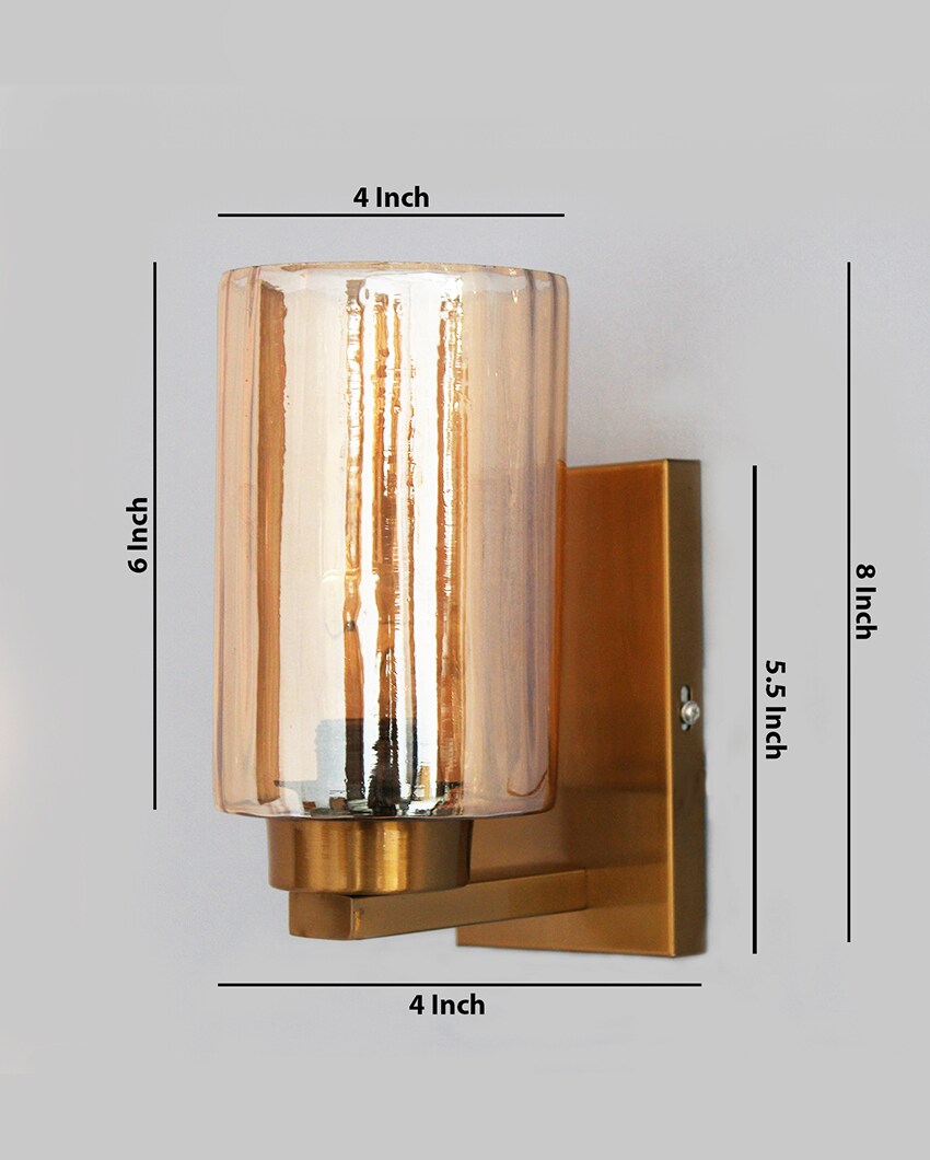 Modern Brass Sconce with Amber Glass Shade Metal Wall Light | 4 x 4 x 8 inches