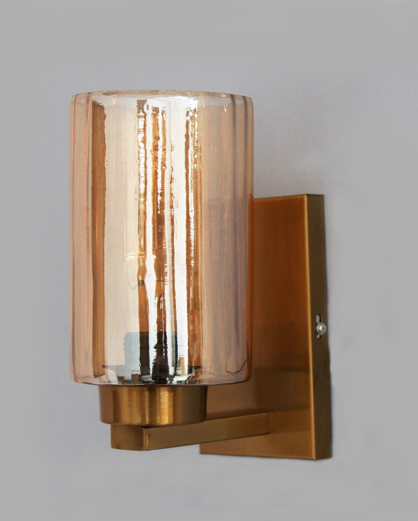 Modern Brass Sconce with Amber Glass Shade Metal Wall Light | 4 x 4 x 8 inches