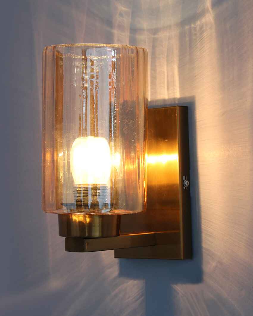 Modern Brass Sconce with Amber Glass Shade Metal Wall Light | 4 x 4 x 8 inches