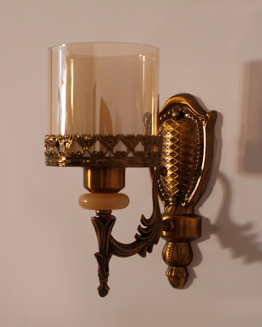 Antique Brass Sconce with Decorative Glass Shade Metal Wall Light | 4 x 4 x 12 inches