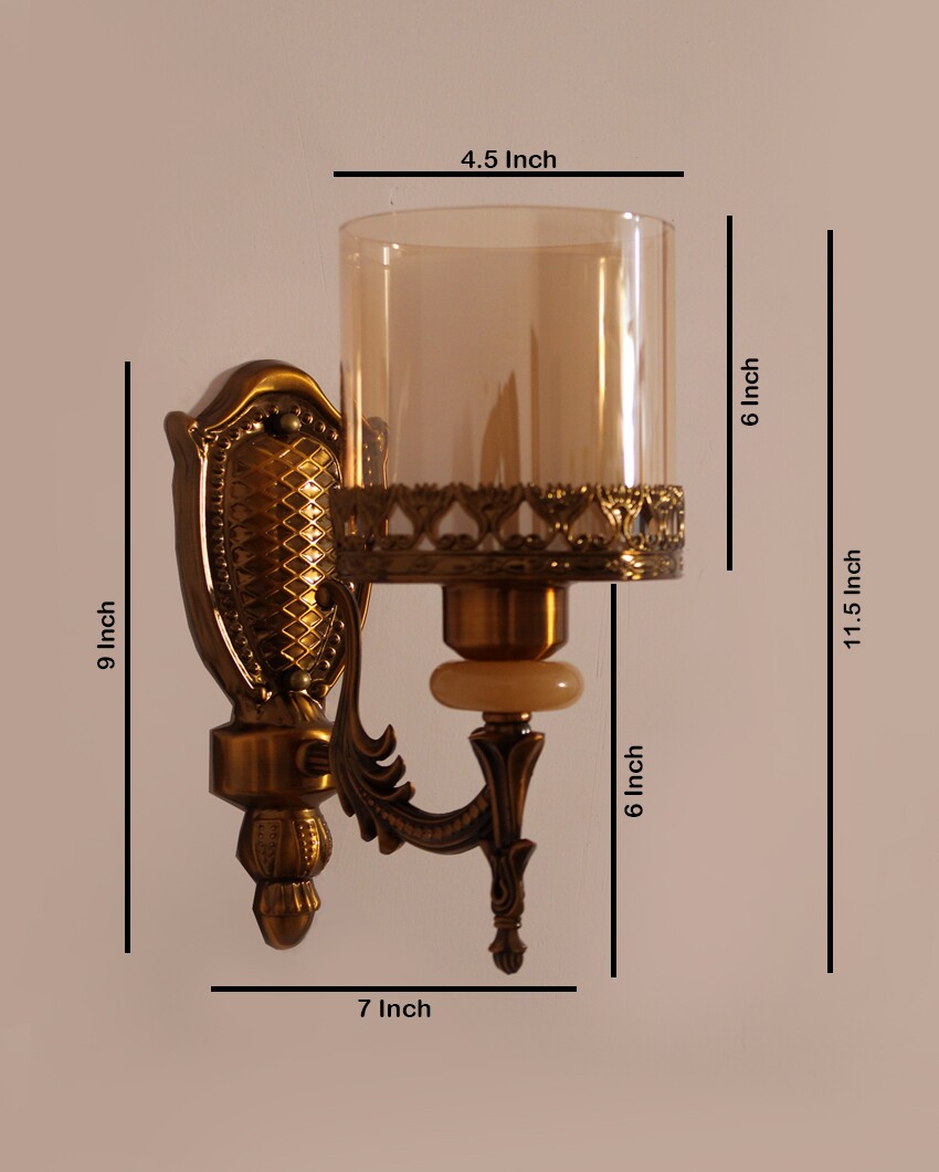 Antique Brass Sconce with Decorative Glass Shade Metal Wall Light | 4 x 4 x 12 inches