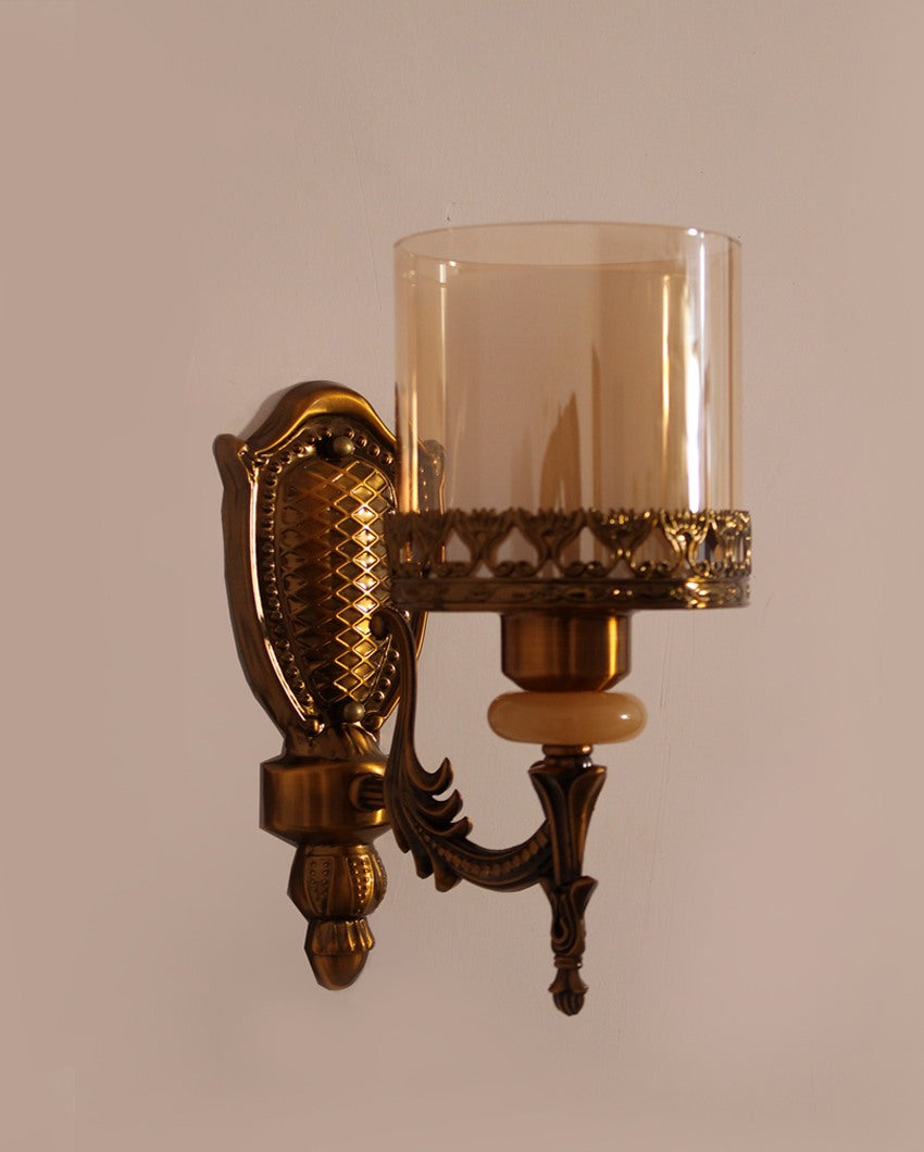 Antique Brass Sconce with Decorative Glass Shade Metal Wall Light | 4 x 4 x 12 inches