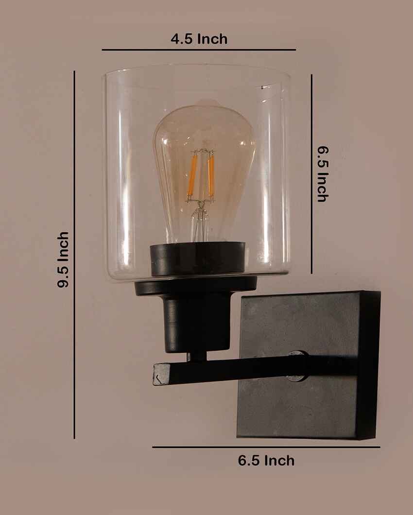 Matte Black Sconce with Clear Glass Metal Wall Light | 4 x 4 x 10 inches