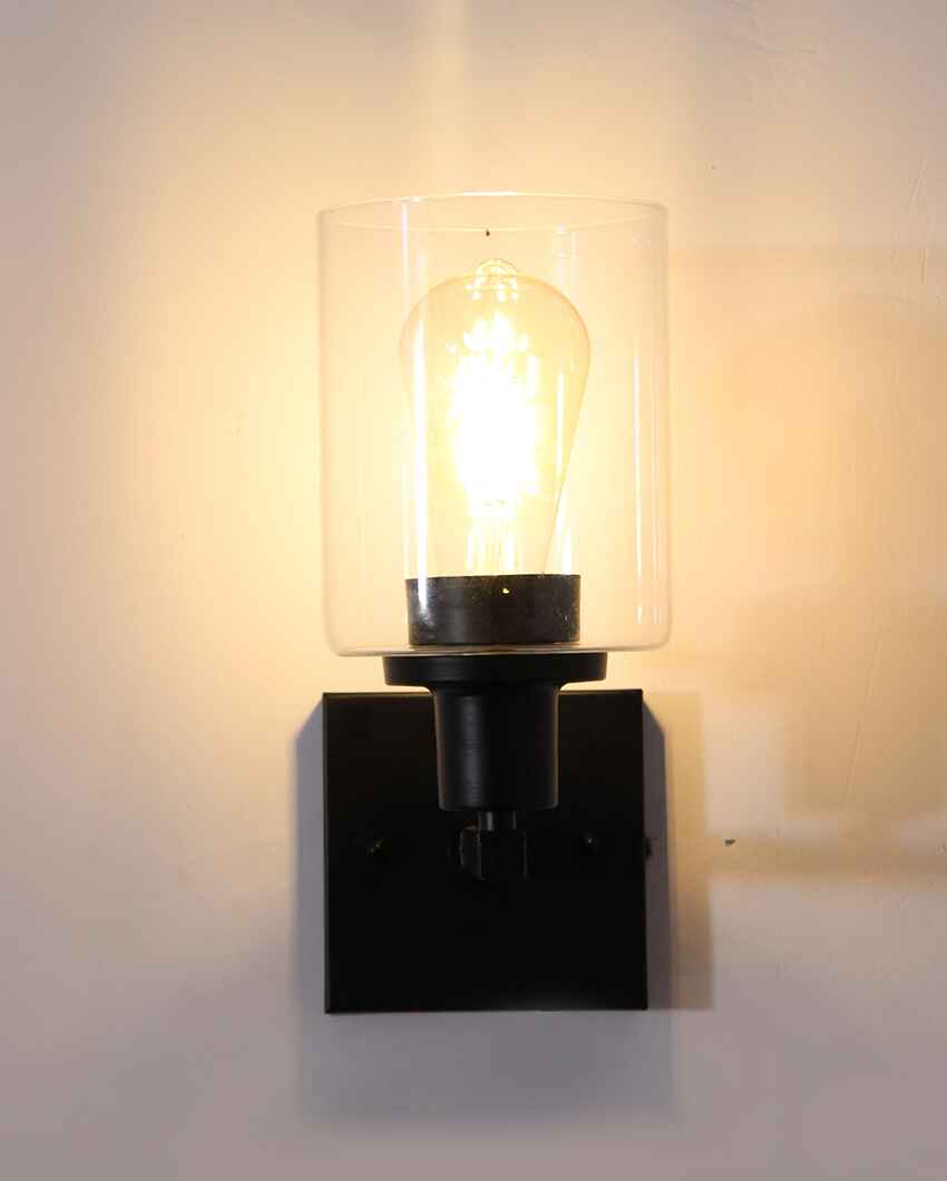 Matte Black Sconce with Clear Glass Metal Wall Light | 4 x 4 x 10 inches