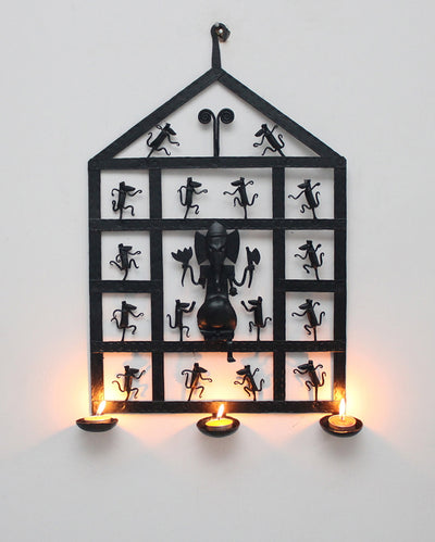 Lord Ganesha & Mouse Handcrafted Metal Tea Light Wall Hanging  | 22 x 14 inches