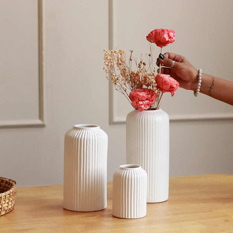 Modern White Ribbed | Set Of 3 Vases Default Title