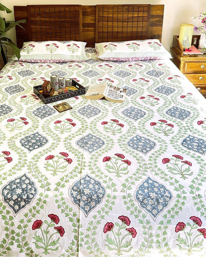 Cotton Floral Green Handblock Design Bedding Set | King Size | 108 x 104 inches