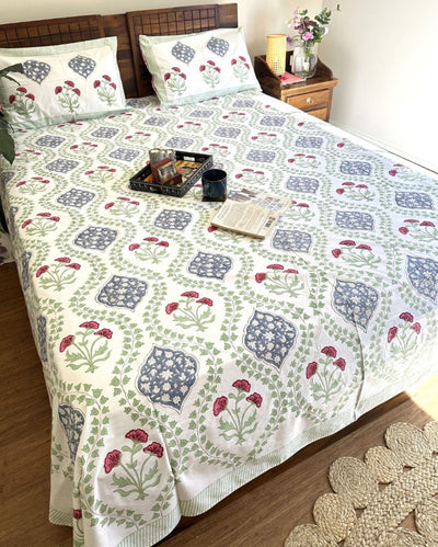 Cotton Floral Green Handblock Design Bedding Set | King Size | 108 x 104 inches