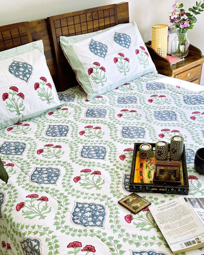 Cotton Floral Green Handblock Design Bedding Set | King Size | 108 x 104 inches