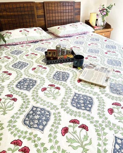 Cotton Floral Green Handblock Design Bedding Set | King Size | 108 x 104 inches