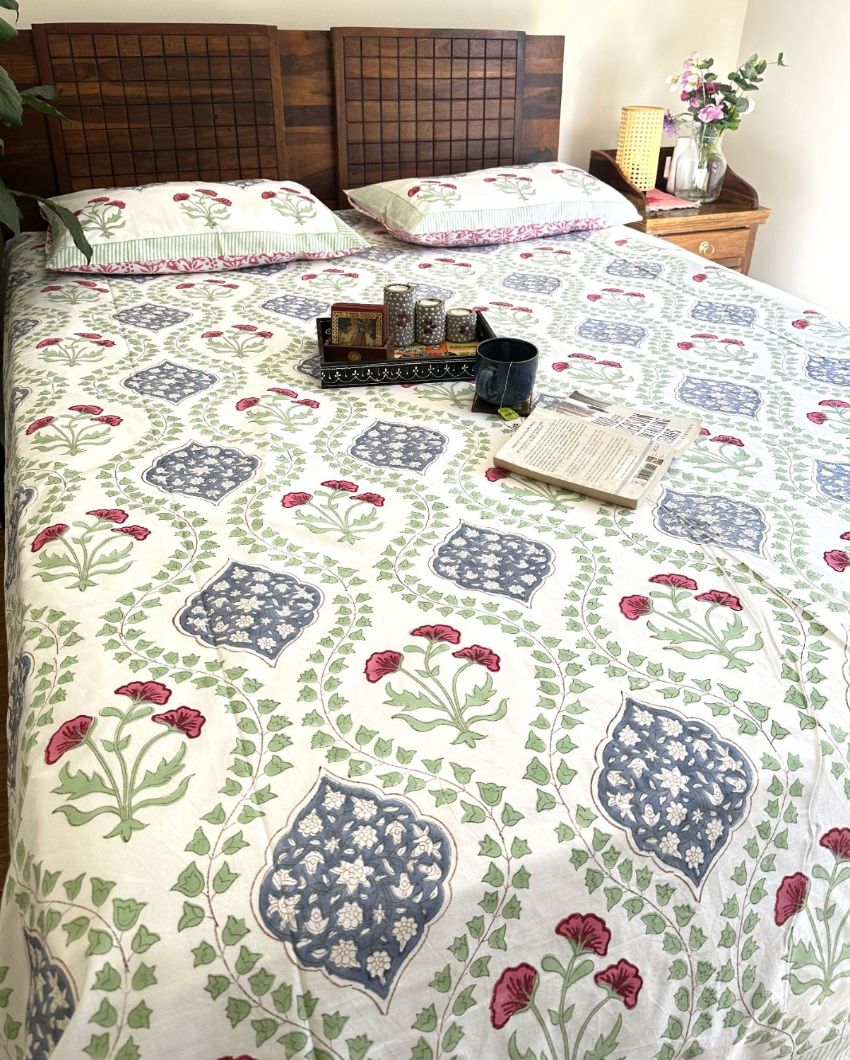 Cotton Floral Green Handblock Design Bedding Set | King Size | 108 x 104 inches