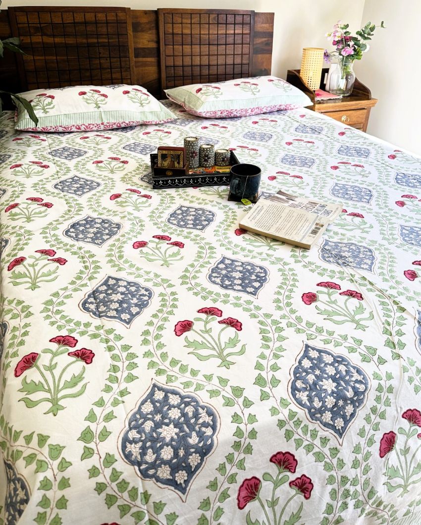 Cotton Floral Green Handblock Design Bedding Set | King Size | 108 x 104 inches