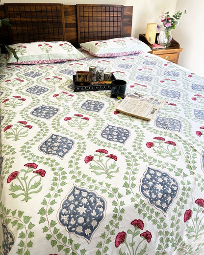 Cotton Floral Green Handblock Design Bedding Set | King Size | 108 x 104 inches