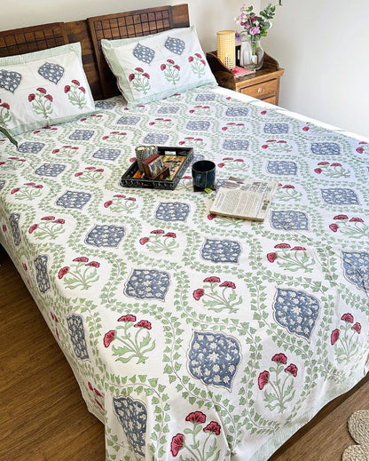 Cotton Floral Green Handblock Design Bedding Set | King Size | 108 x 104 inches