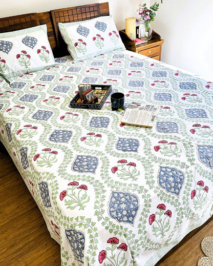 Cotton Floral Green Handblock Design Bedding Set | King Size | 108 x 104 inches