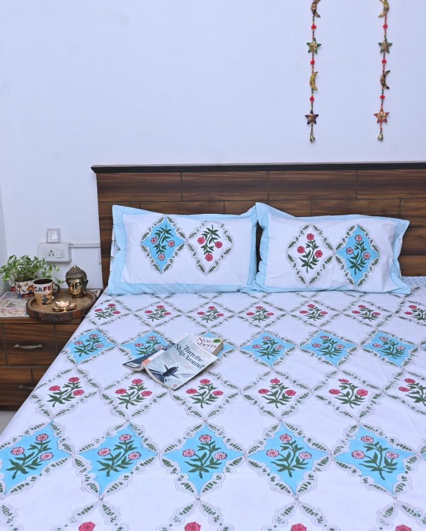 Floral Blue Handblock Design Bedding Set | King Size | 108 x 104 inches