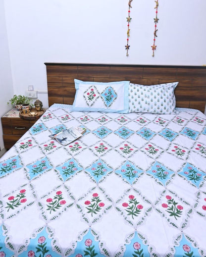 Floral Blue Handblock Design Bedding Set | King Size | 108 x 104 inches