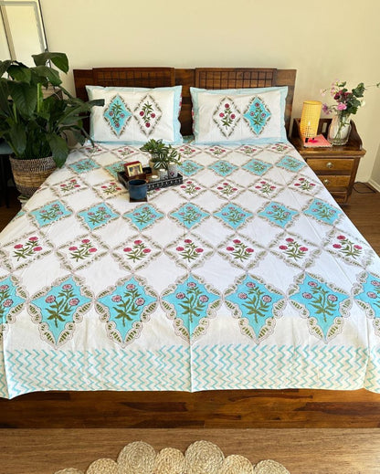 Floral Blue Handblock Design Bedding Set | King Size | 108 x 104 inches