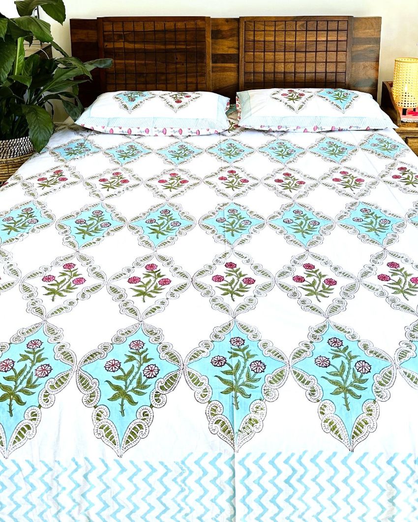 Floral Blue Handblock Design Bedding Set | King Size | 108 x 104 inches