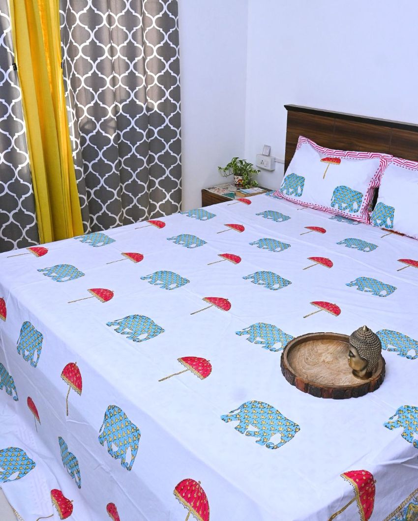 Elephant Cotton Handblock Design Bedding Set | King Size | 108 x 104 inches