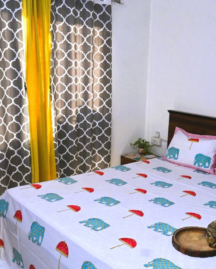 Elephant Cotton Handblock Design Bedding Set | King Size | 108 x 104 inches