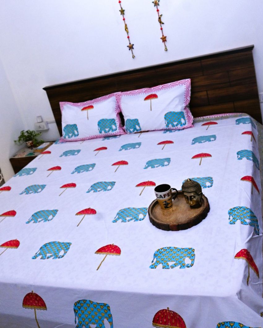 Elephant Cotton Handblock Design Bedding Set | King Size | 108 x 104 inches