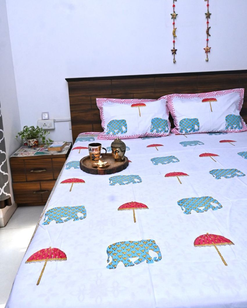 Elephant Cotton Handblock Design Bedding Set | King Size | 108 x 104 inches