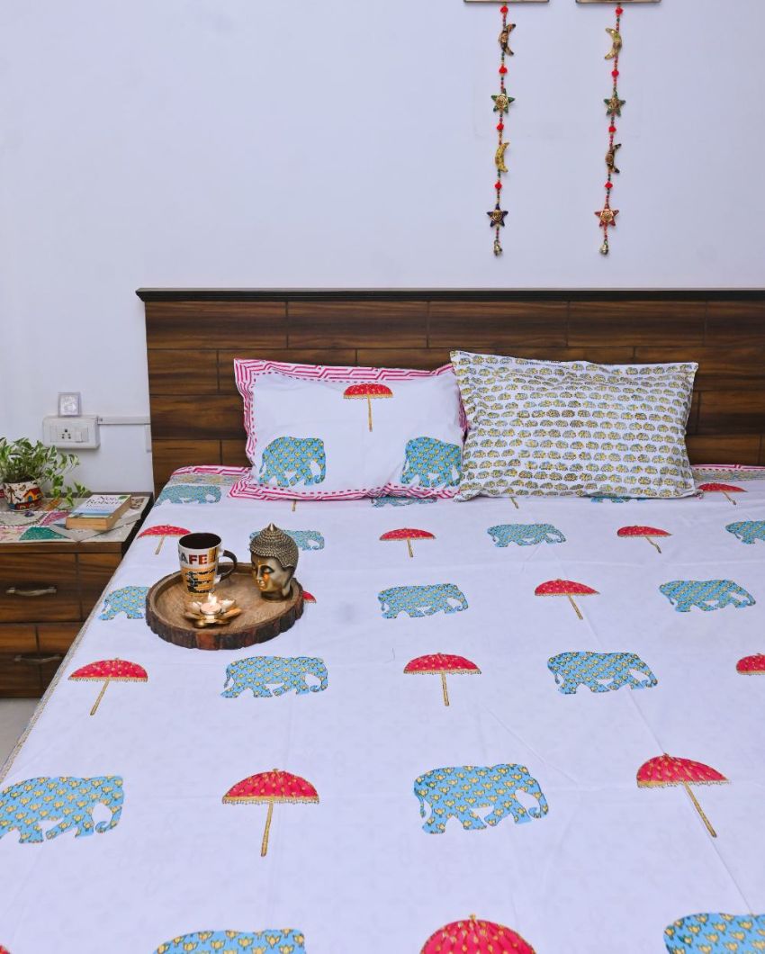 Elephant Cotton Handblock Design Bedding Set | King Size | 108 x 104 inches