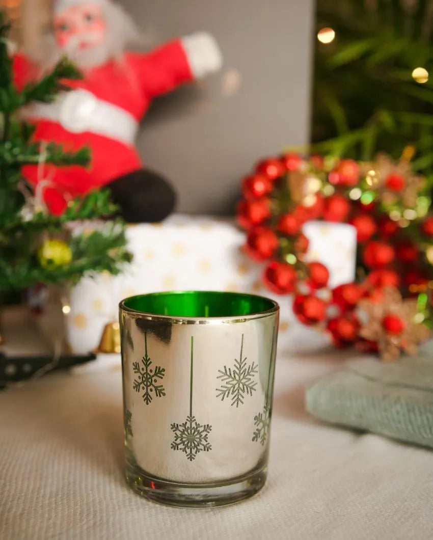 Mercury Glass Tealight Holder | Snow Flakes Green