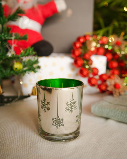 Mercury Glass Tealight Holder | Snow Flakes Green