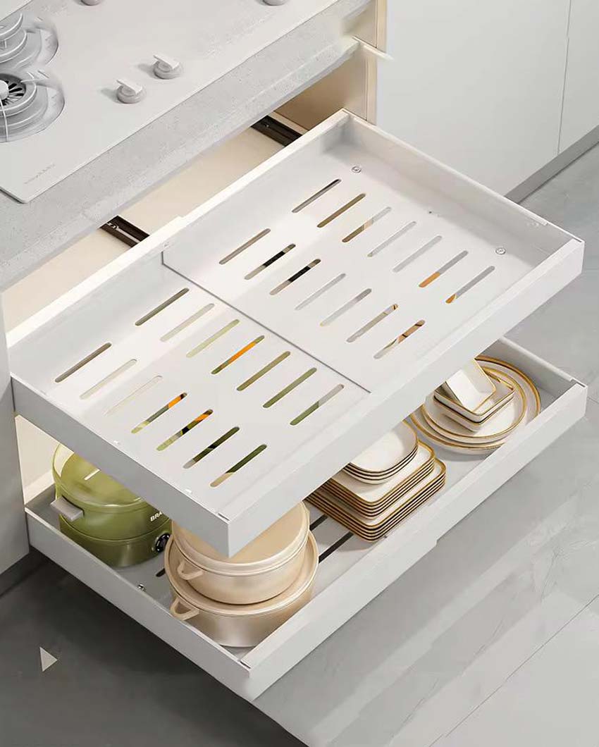 Extendable White Cabinet Drawer Organizer For Kitchen Storage | 4 x 20 x 13 inches