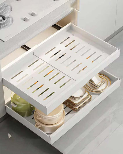 Extendable White Cabinet Drawer Organizer For Kitchen Storage | 4 x 20 x 13 inches