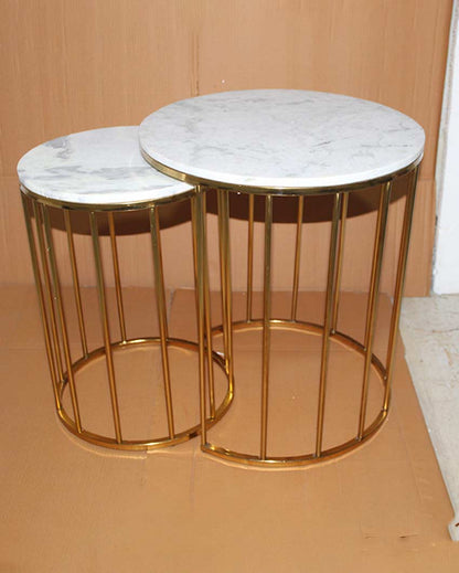 Elegant Round Design White Shade Gold Plated Nested Table | Pack of 2