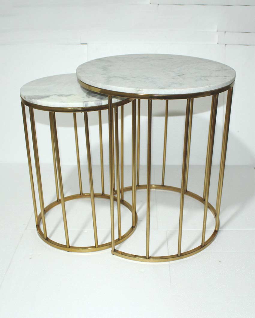 Elegant Round Design White Shade Gold Plated Nested Table | Pack of 2