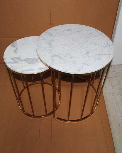 Elegant Round Design White Shade Gold Plated Nested Table | Pack of 2