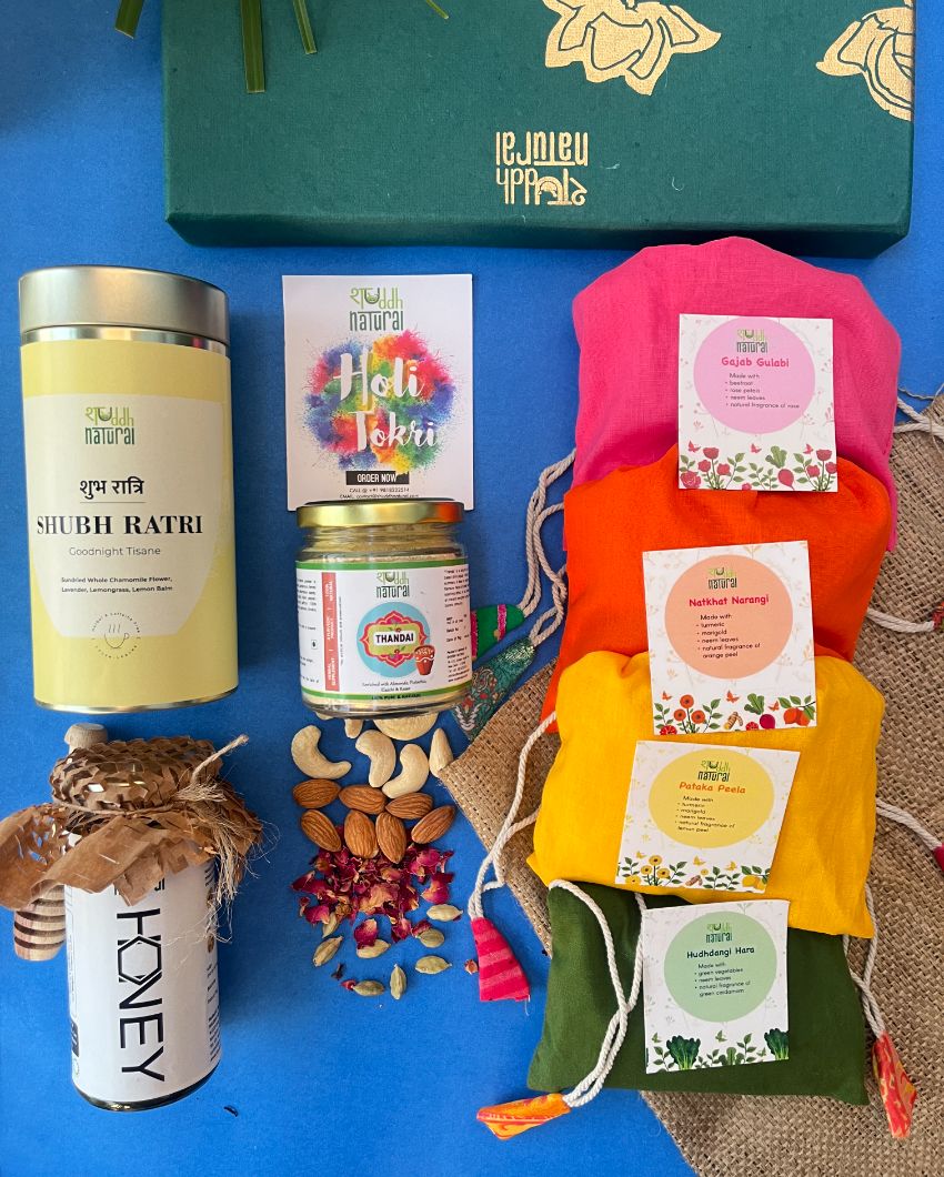 Ubtan Based Herbal Gulal | Ayurvedic Thandai Powder |Floral Tisane |Natural Honey | Holi Gift Hamper | Set Of 8