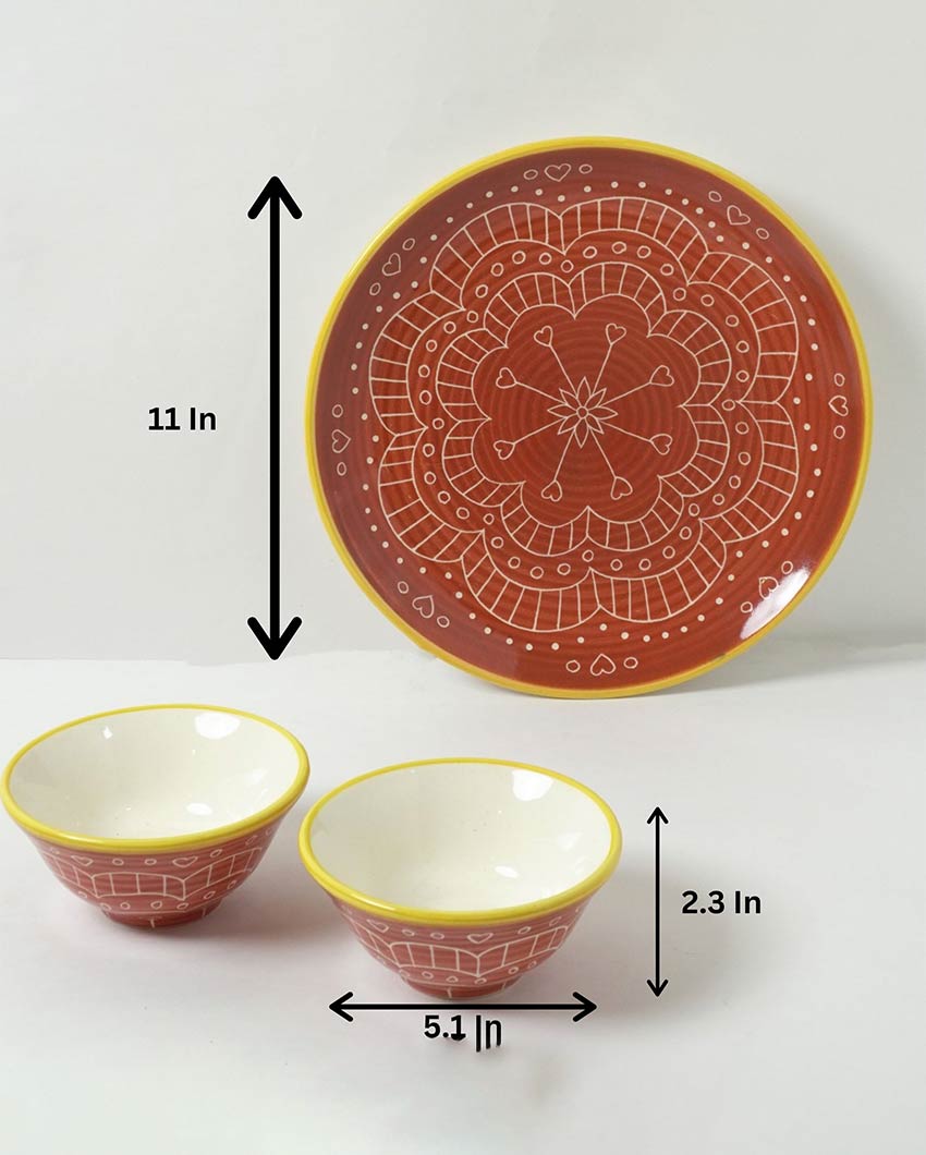 Elegant Red Mandala Ceramic Plate and Bowl Set | Pack of 3