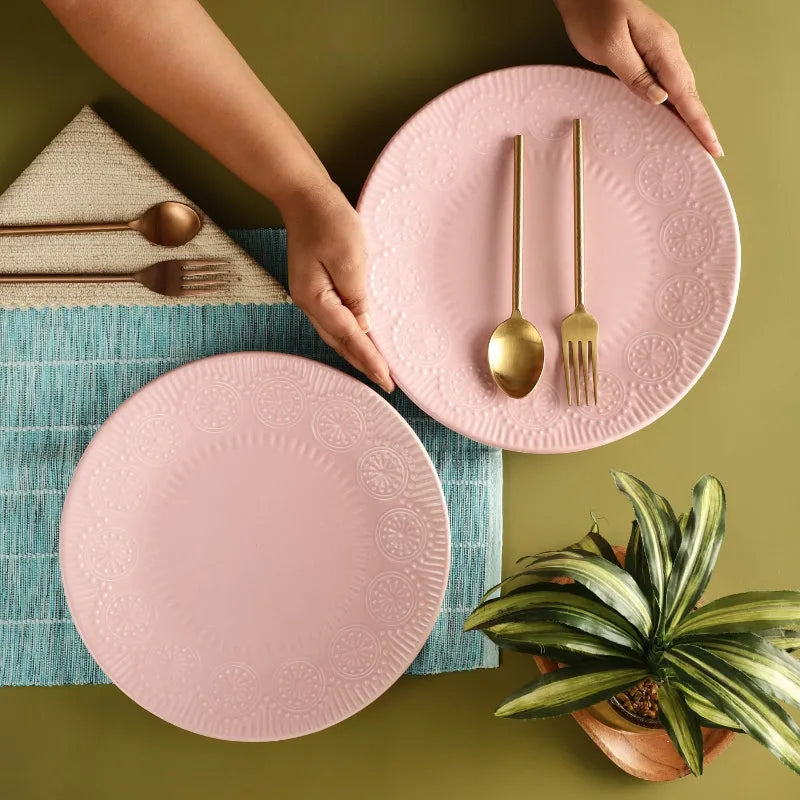 Ceramic Emboss Rim Dinner Plates | Set of 2 | Multiple Colors Pink