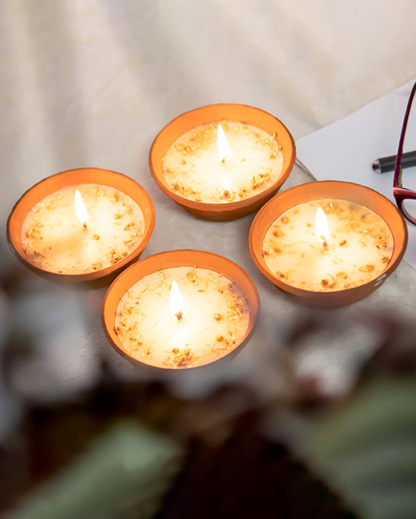 Terracotta Diyas Lemongrass Candle | Set of 4 | 4 x 2 inches