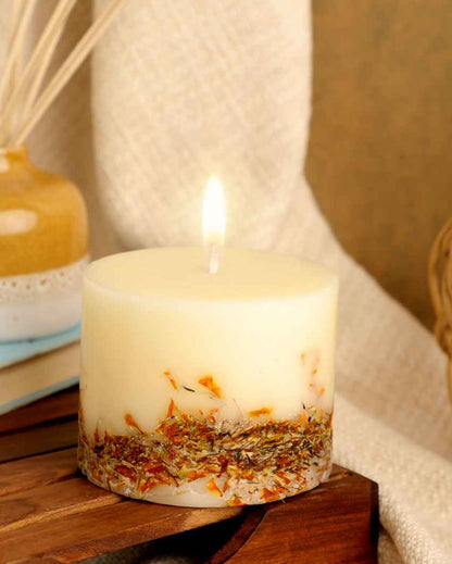 Musky Marigold Scented Beige Pillar Candle | 4 x 3 inches