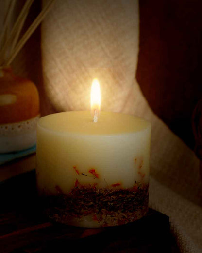 Musky Marigold Scented Beige Pillar Candle | 4 x 3 inches