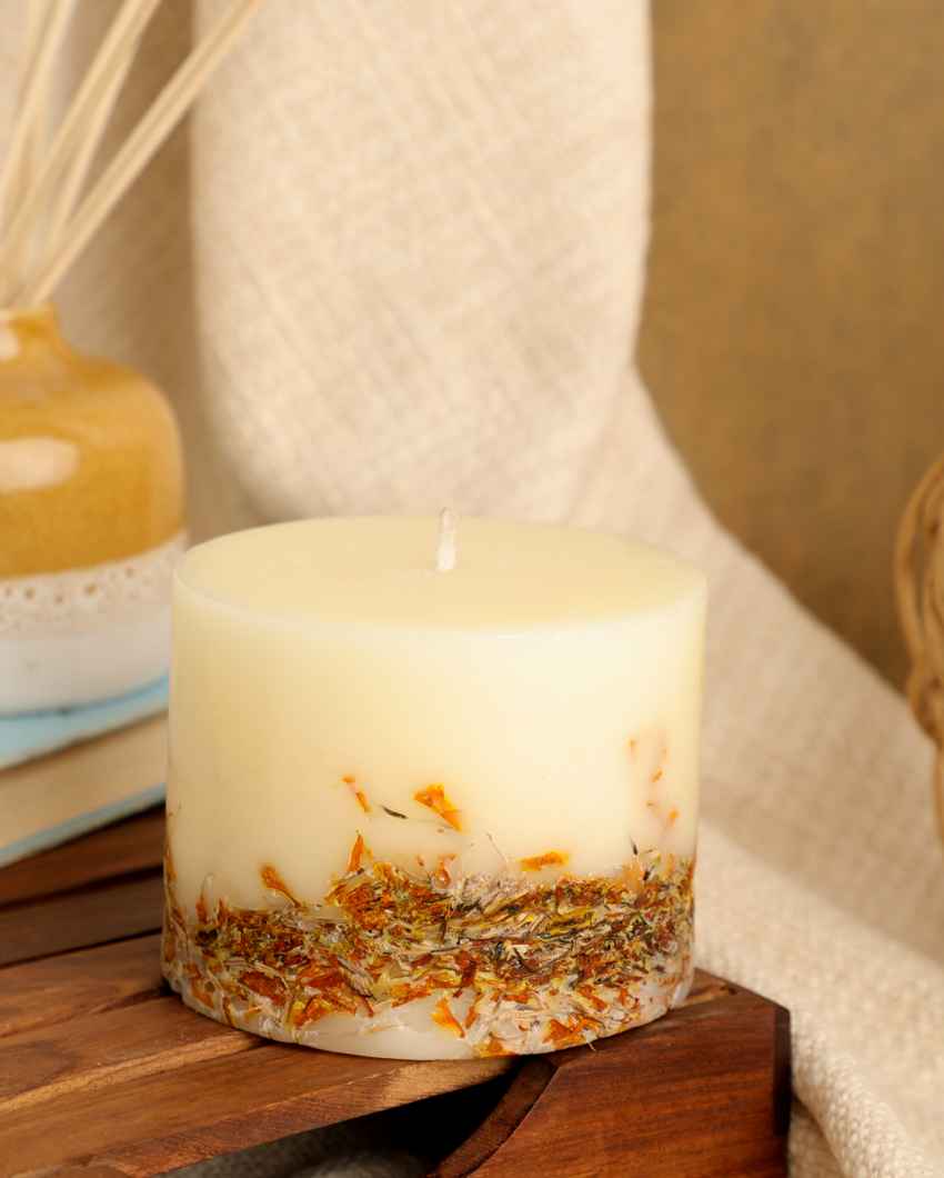 Musky Marigold Scented Beige Pillar Candle | 4 x 3 inches