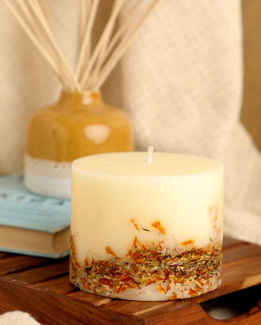 Musky Marigold Scented Beige Pillar Candle | 4 x 3 inches