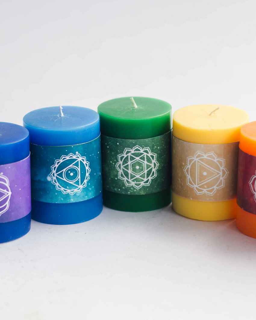 Chakra Multicolor Pillar Wellness Candles | Set of 7 | 5 x 8 inches