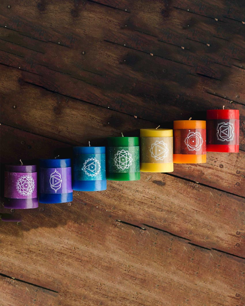 Chakra Multicolor Pillar Wellness Candles | Set of 7 | 5 x 8 inches