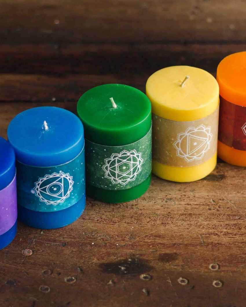 Chakra Multicolor Pillar Wellness Candles | Set of 7 | 5 x 8 inches