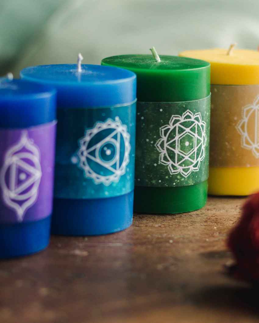 Chakra Multicolor Pillar Wellness Candles | Set of 7 | 5 x 8 inches