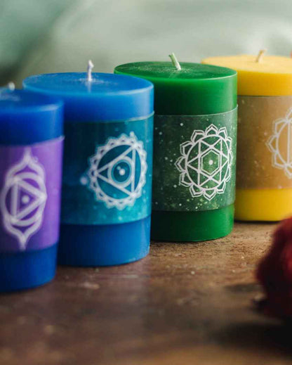 Chakra Multicolor Pillar Wellness Candles | Set of 7 | 5 x 8 inches